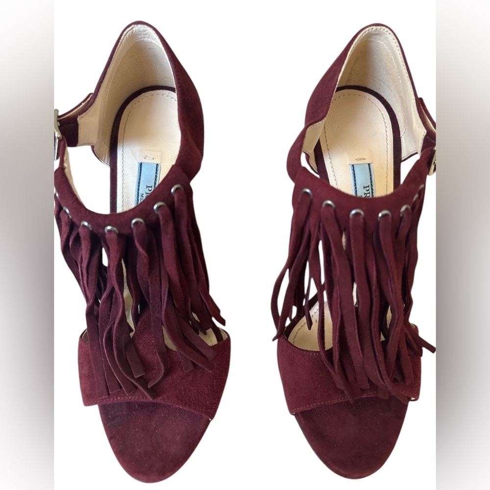 Prada Open Toe sandal heels Fringe Suede Ankle Strap burgundy Size EU 35 - Picture 7 of 12